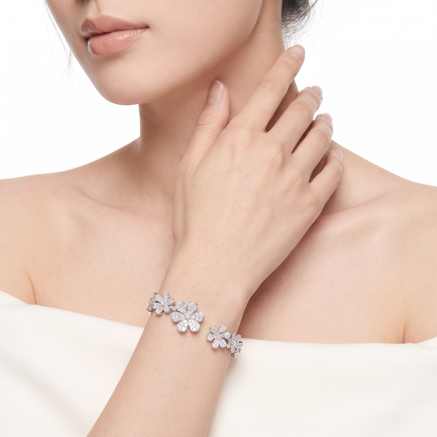 7 Paved Frivole Flowers Open Bracelet