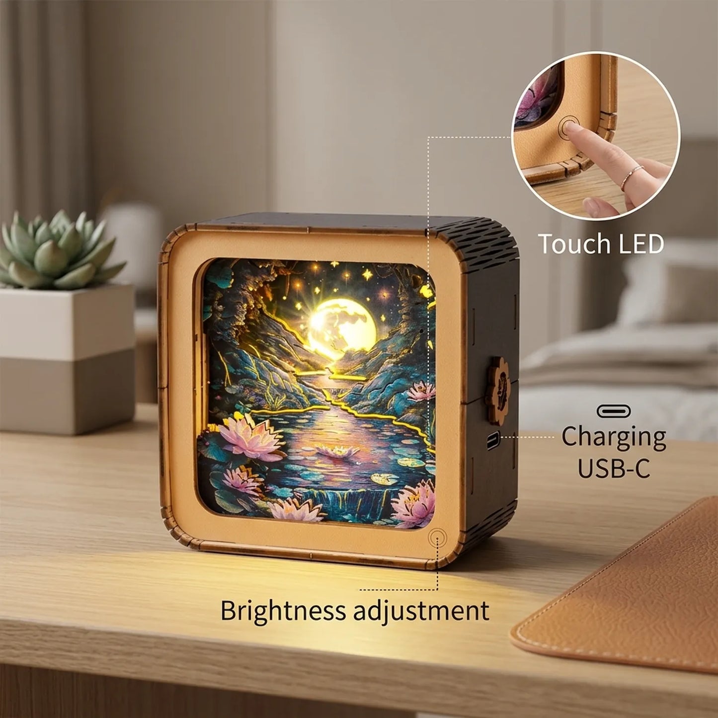 Wooden Moonlight Over Lotus Pond Night Light Kit Zen Nature Lamp