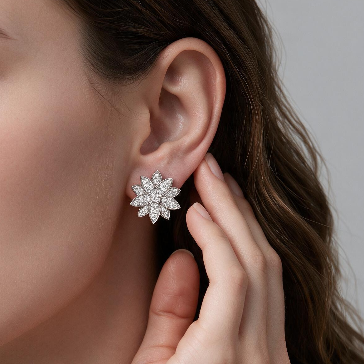 Lotus One Flower Stud Full Diamond Earrings