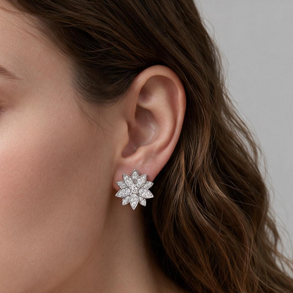 Lotus One Flower Stud Full Diamond Earrings