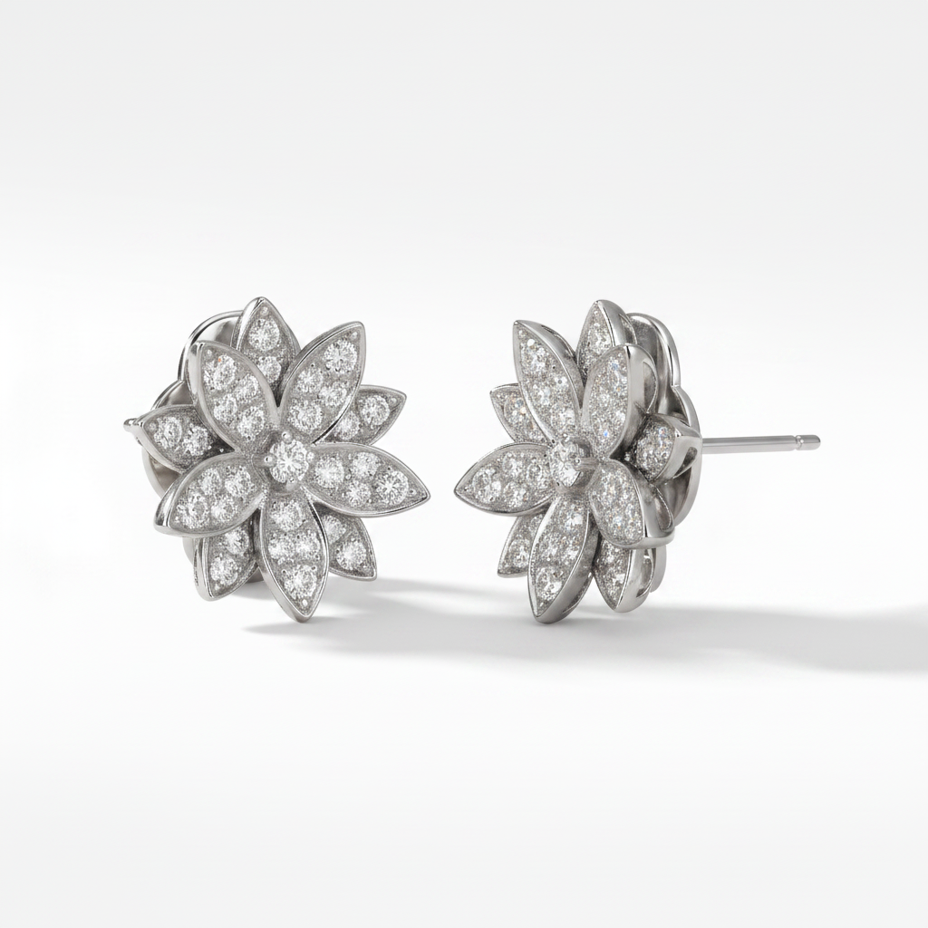 Lotus One Flower Stud Full Diamond Earrings