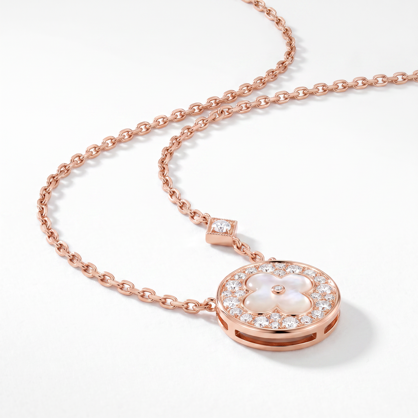 Rose Tone Blossom Pave Circle Necklace
