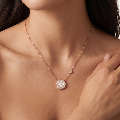 Rose Tone Blossom Pave Circle Necklace