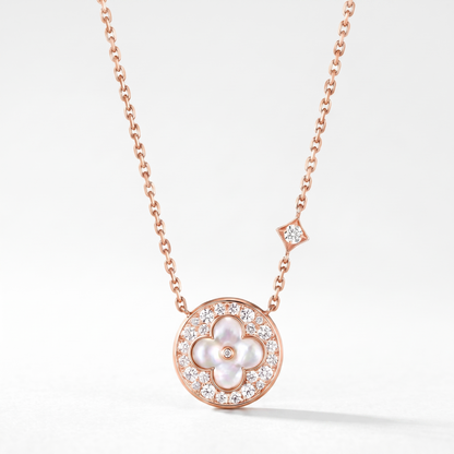 Rose Tone Blossom Pave Circle Necklace
