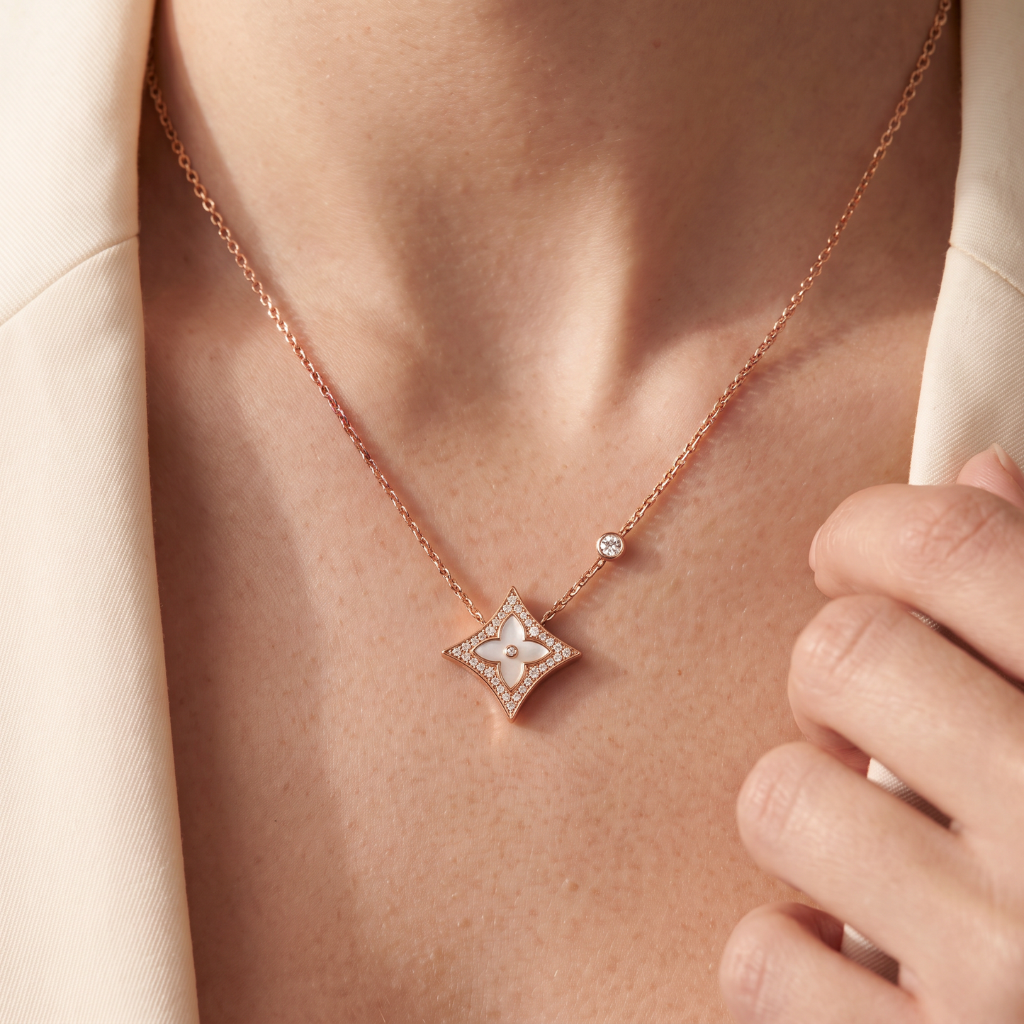 Rose Tone  Blossom Pave Star Necklace