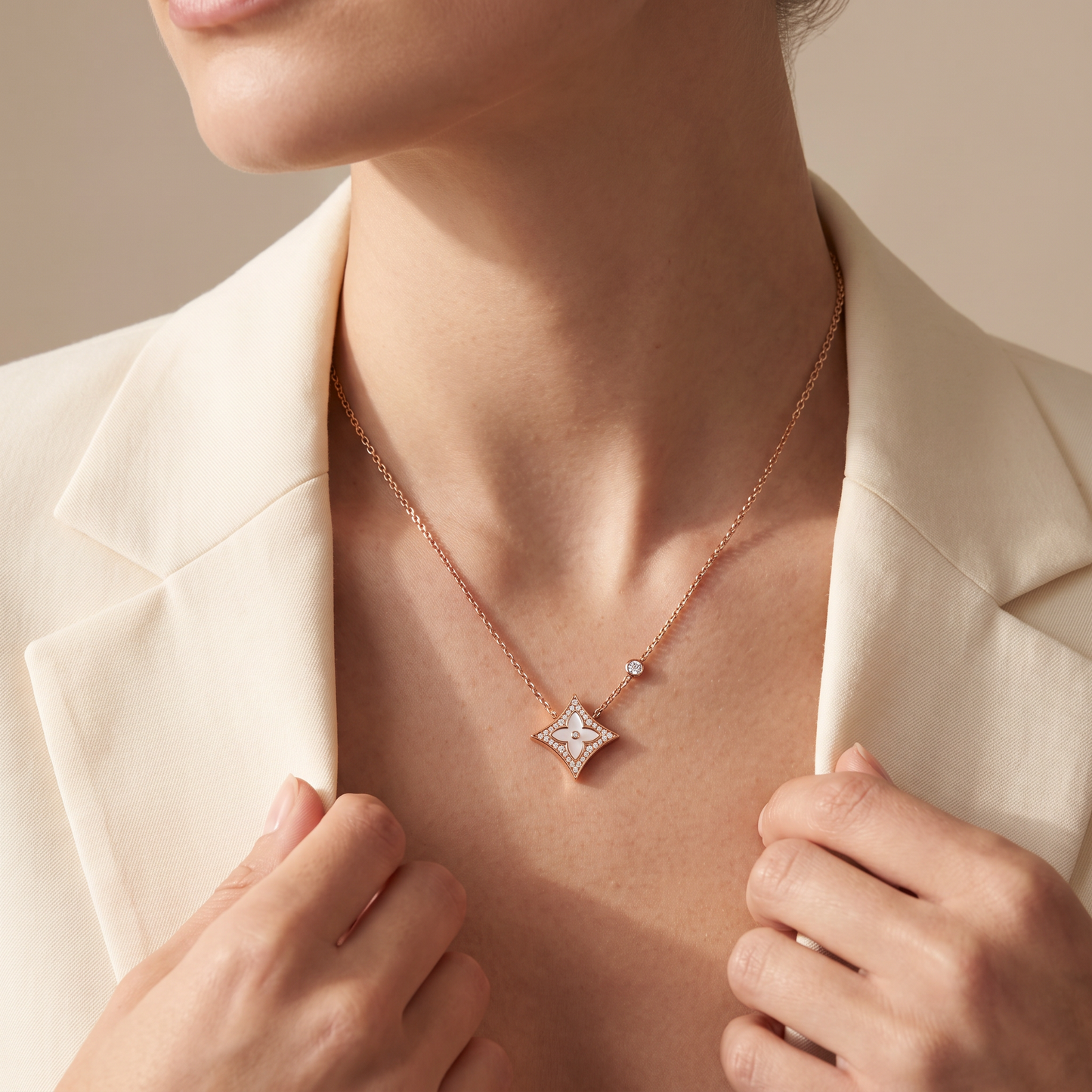 Rose Tone  Blossom Pave Star Necklace