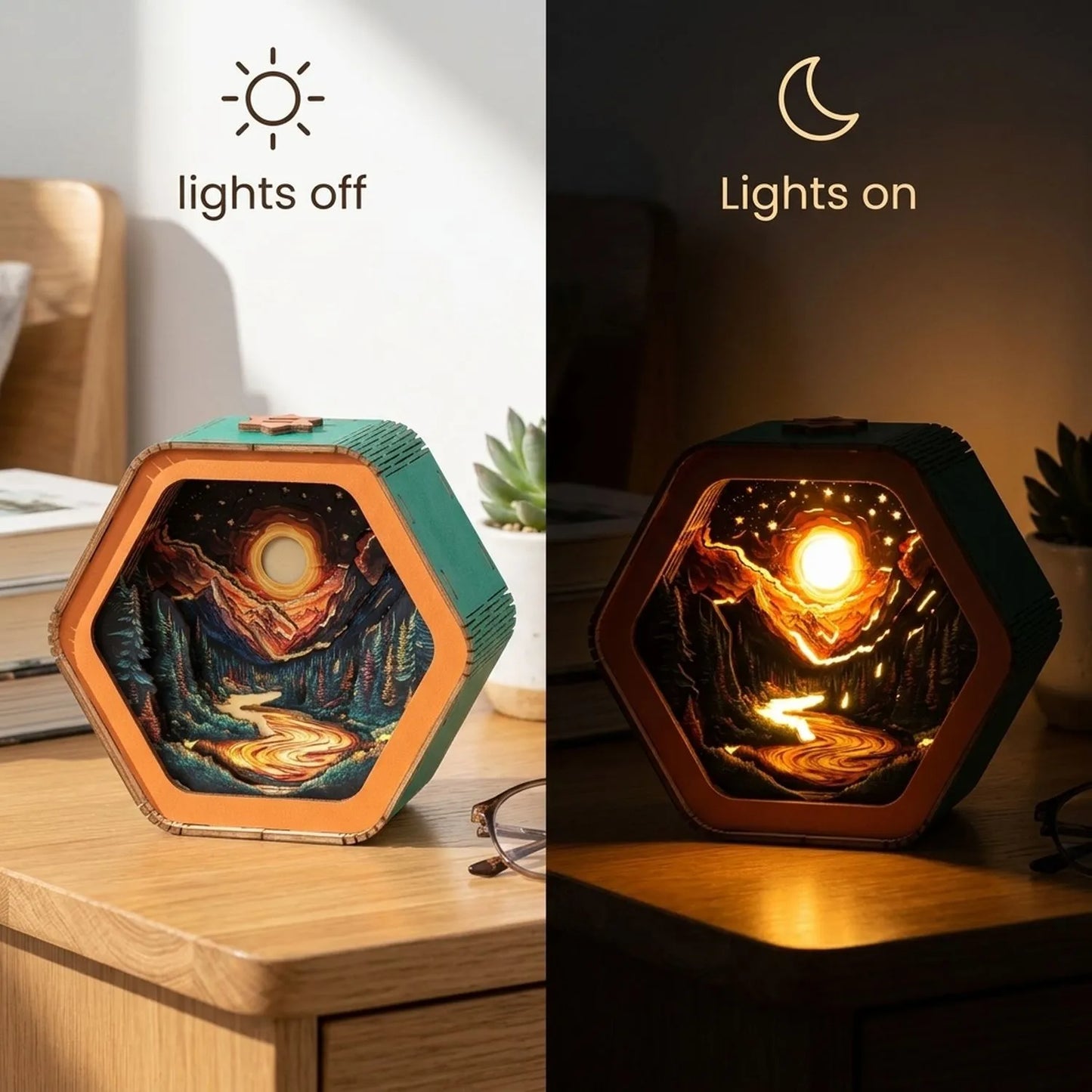 Wooden Iridescent Sunset Night Light Kit Vibrant Landscape Shadow Box