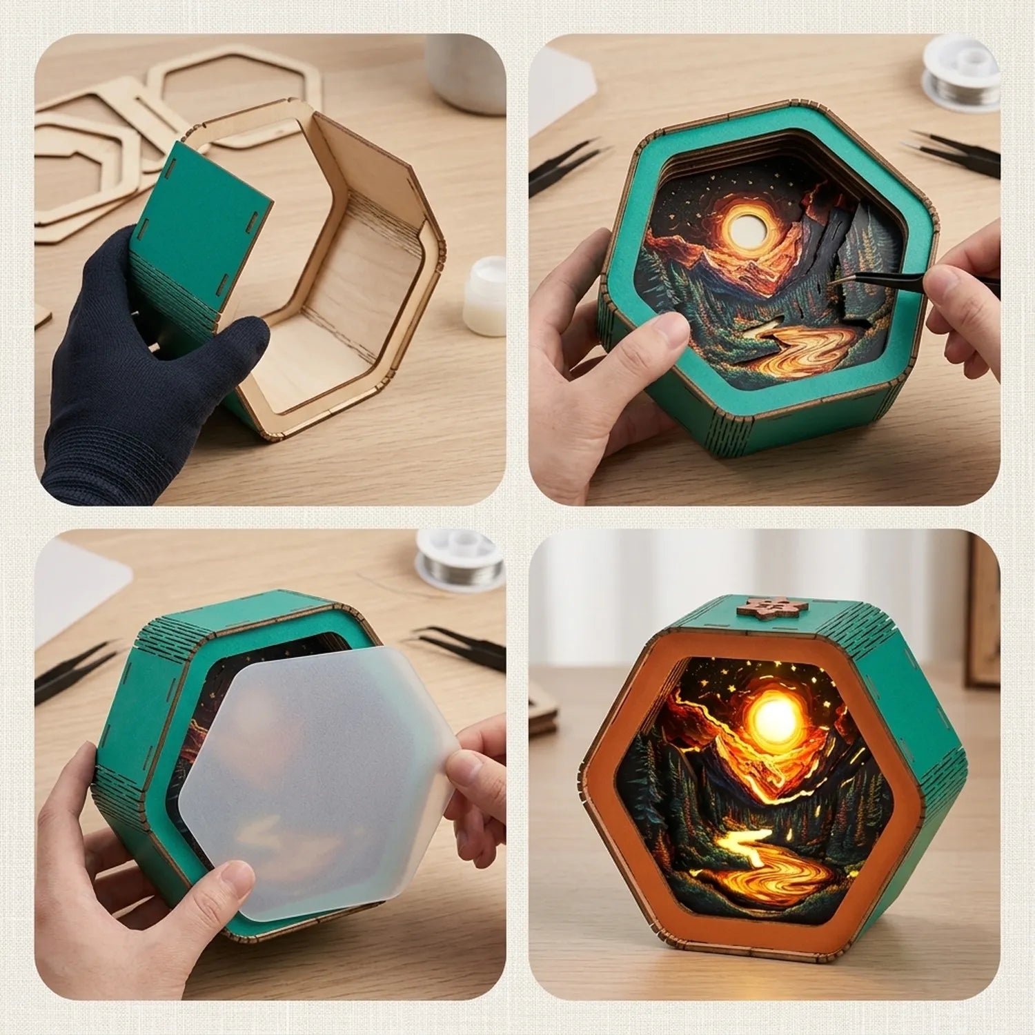 Wooden Iridescent Sunset Night Light Kit Vibrant Landscape Shadow Box