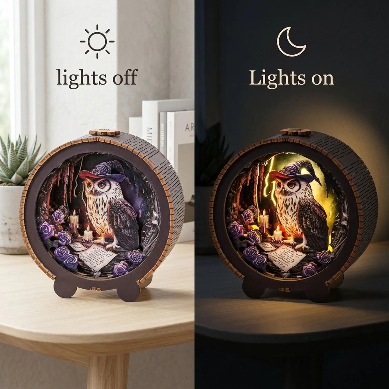 Wooden Witch Owl Night Light Kit Halloween Fantasy Shadow Box LED