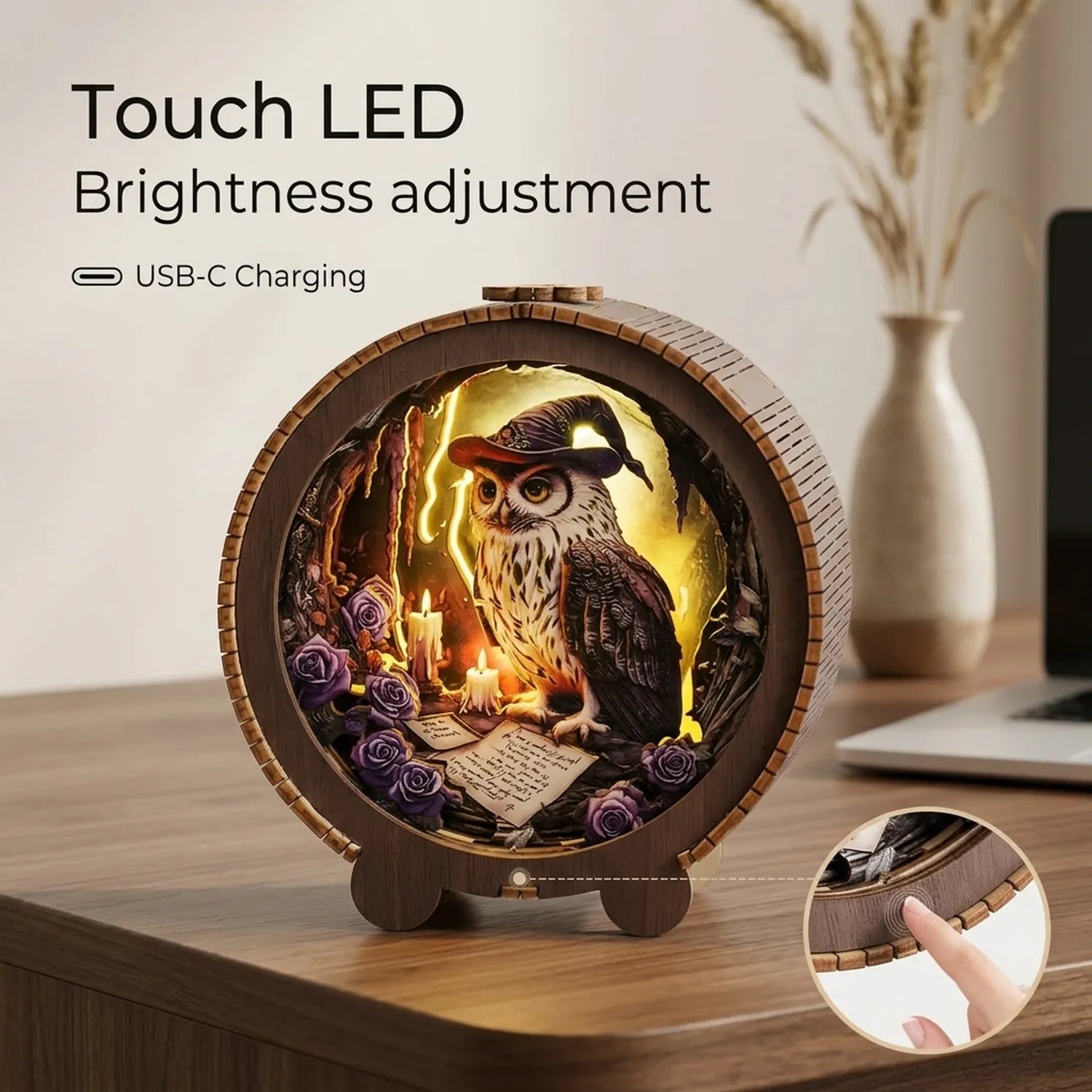Wooden Witch Owl Night Light Kit Halloween Fantasy Shadow Box LED