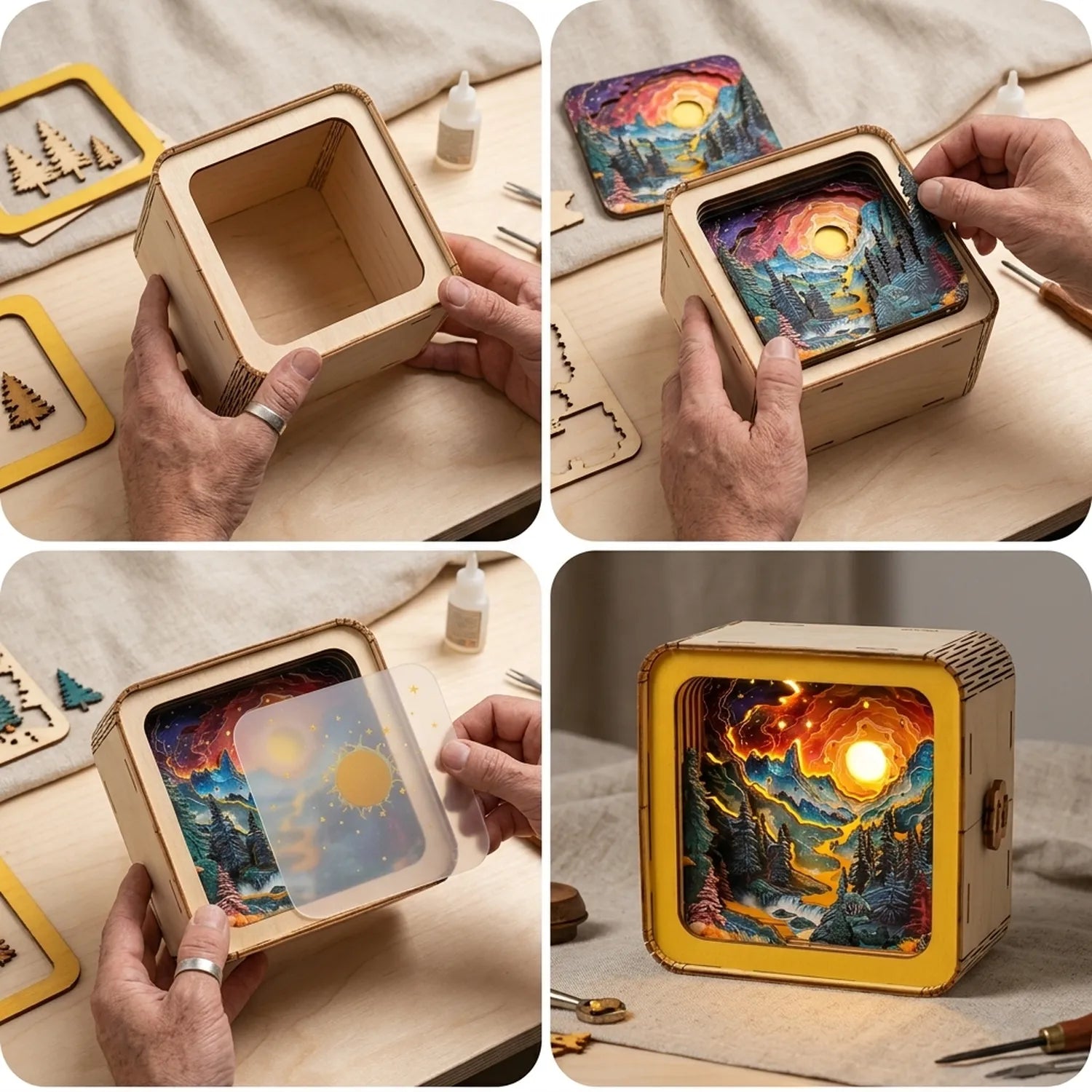 Wooden Fantasy Mountains Night Light Kit Ethereal Nature Shadow Box