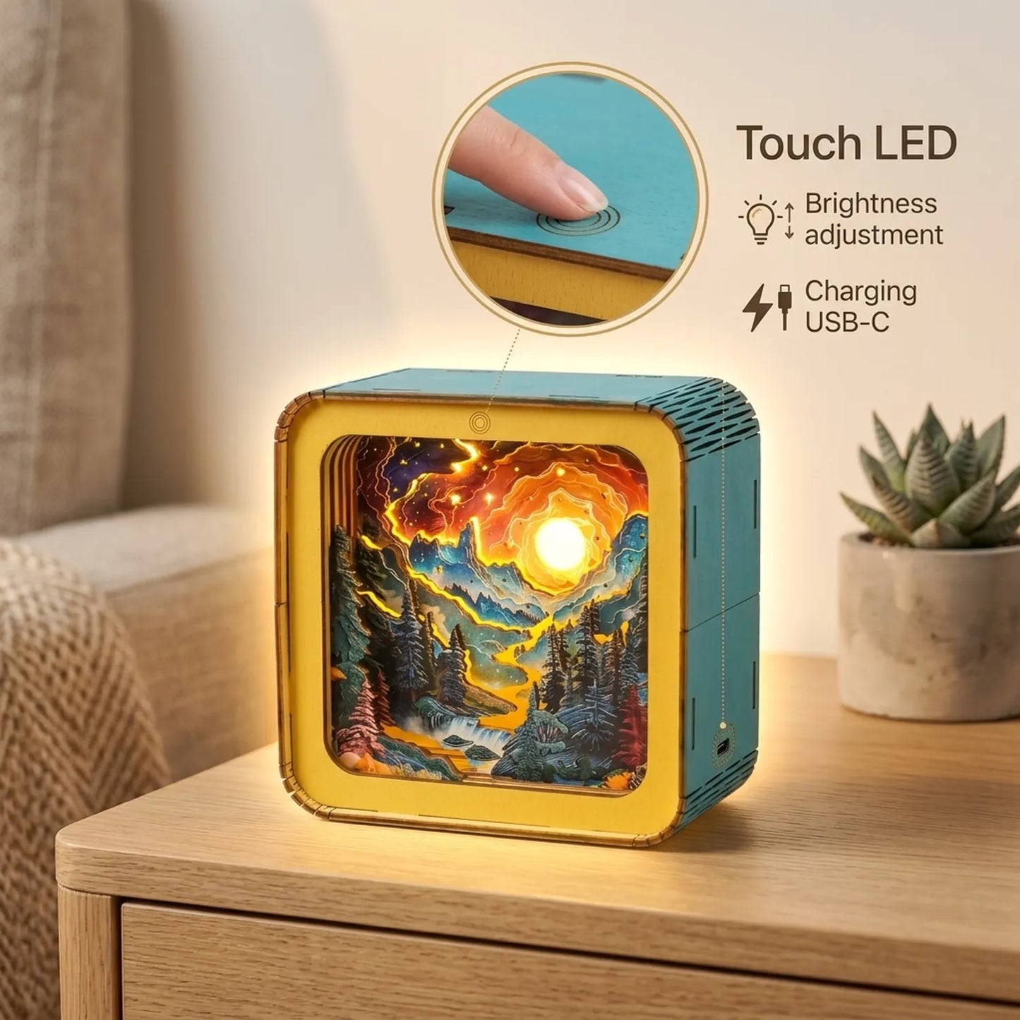 Wooden Fantasy Mountains Night Light Kit Ethereal Nature Shadow Box