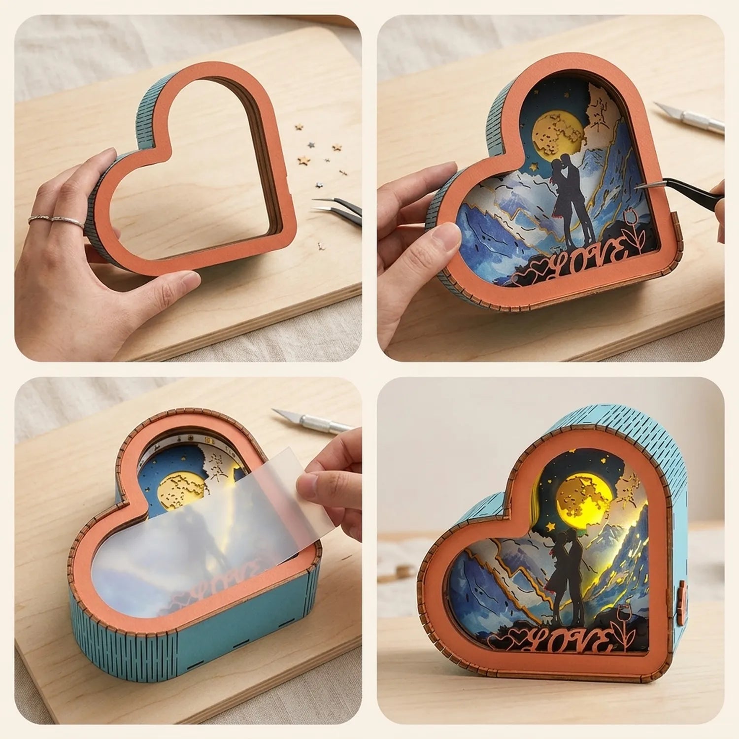 Wooden Love in The Starry Sky Night Light Kit Romantic Couple Lamp