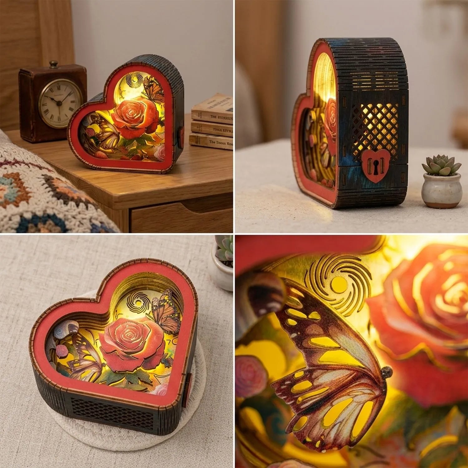 Wooden Love of Butterfly Night Light Kit Floral Garden Shadow Box