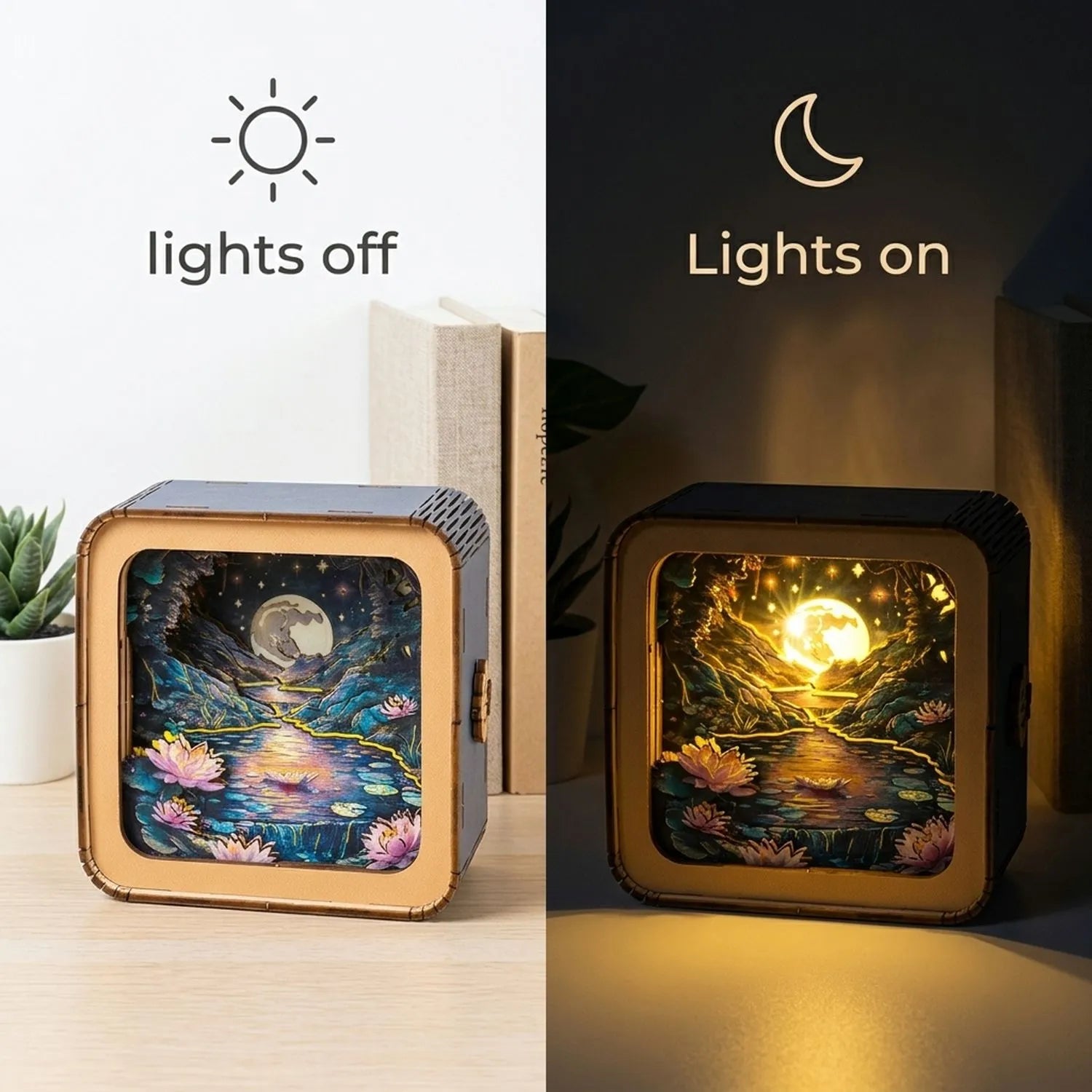 Wooden Moonlight Over Lotus Pond Night Light Kit Zen Nature Lamp