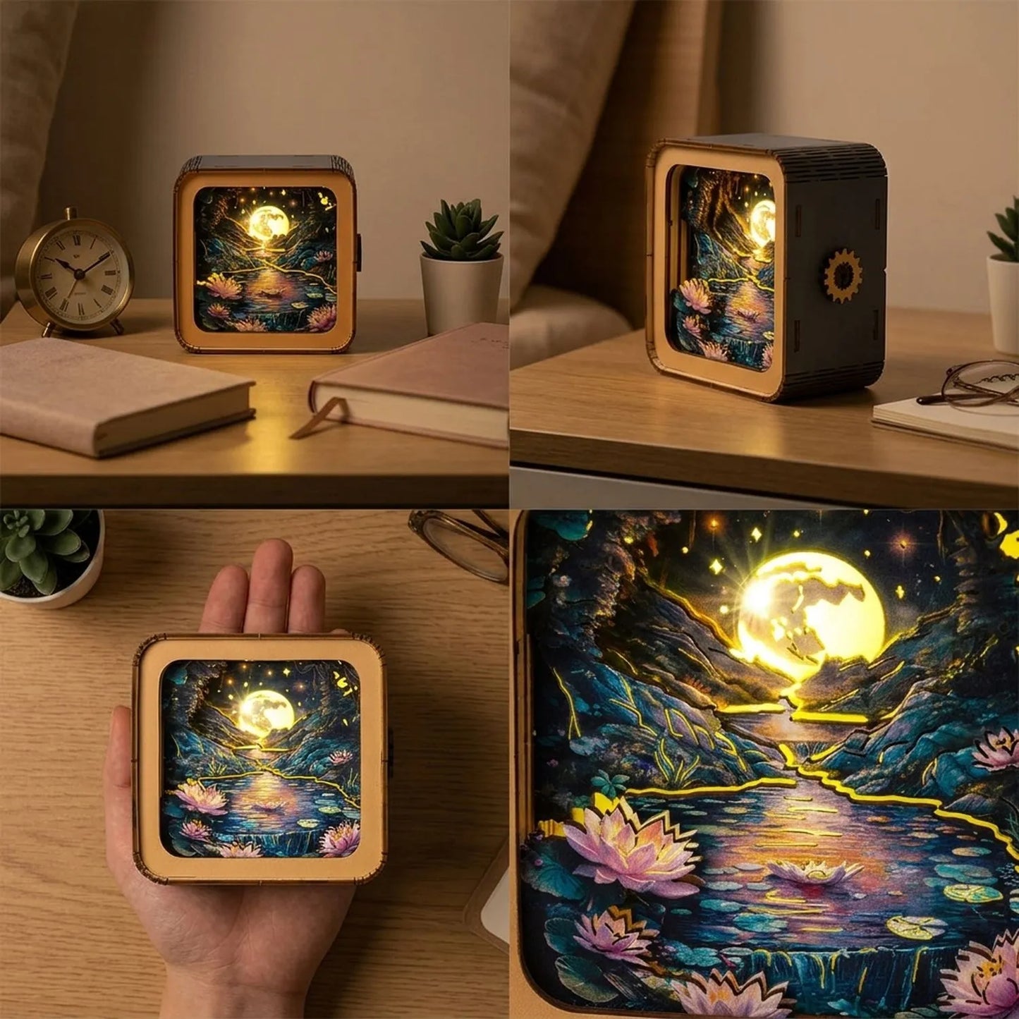 Wooden Moonlight Over Lotus Pond Night Light Kit Zen Nature Lamp