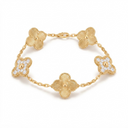 Vintage Alhambra Paved Diamond And Guilloché Clover 5 Motifs Bracelet