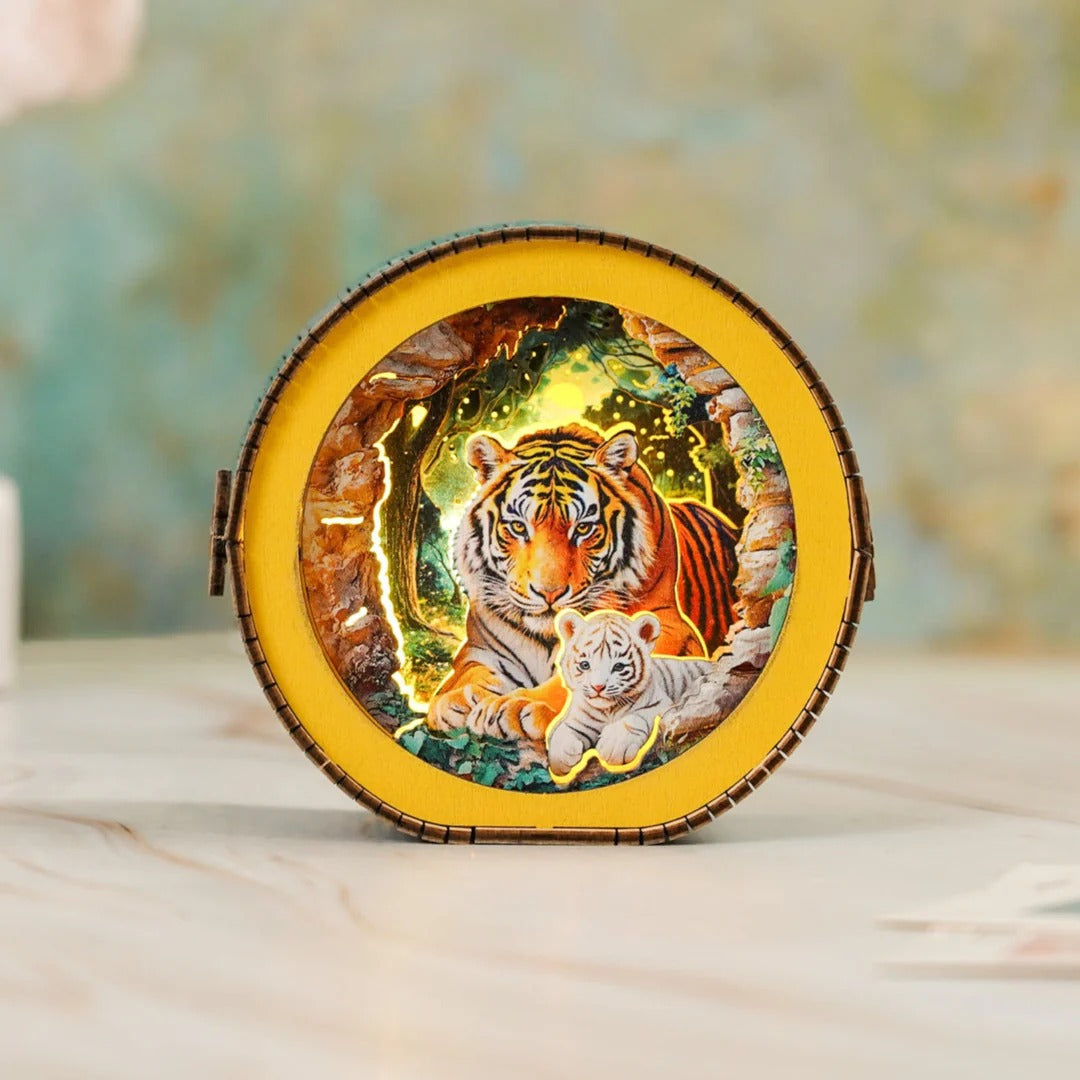 Tiger Mother In The Jungle - 3D Wooden Puzzle Night Light
