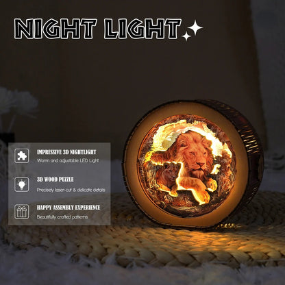 Lion & Cubs - 3D Wooden Puzzle Night Light