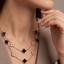 Vintage Rose Tone Alhambra Onyx And Diamond 20 Motifs Long Necklace